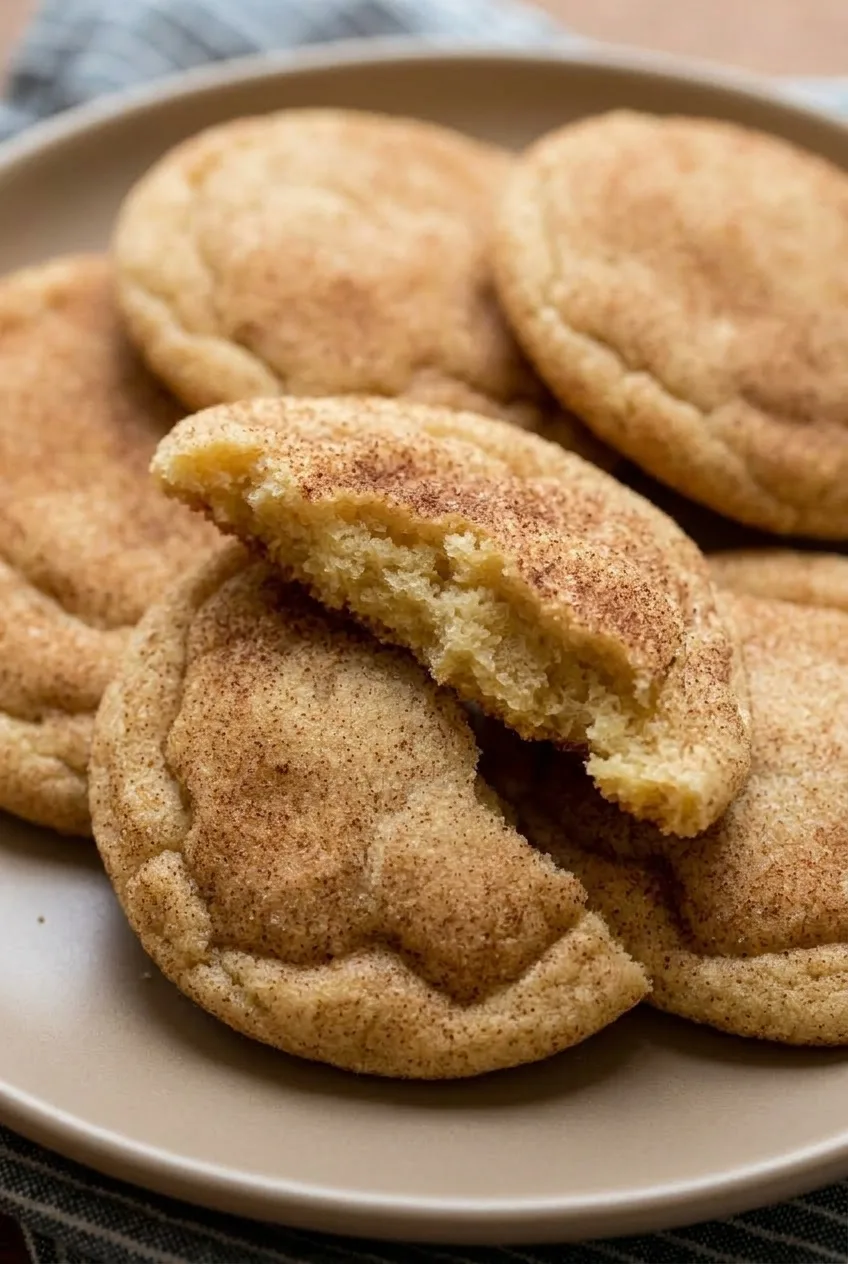 Close view of a broken snickerdoodle showing its soft crumb and cinnamon-sugar-coated surface