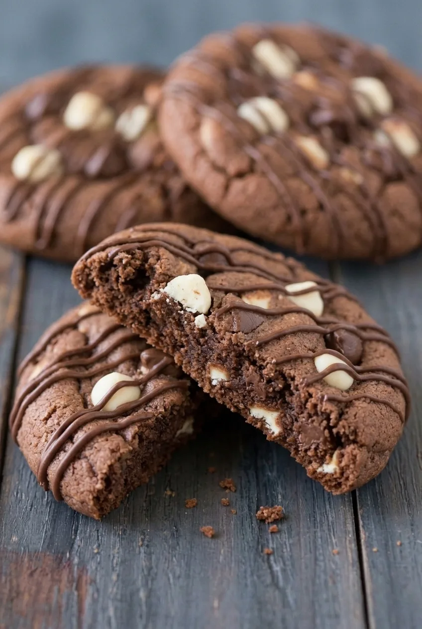 Broken double chocolate cookie showing its soft cocoa center, chocolate chips, and thin drizzle