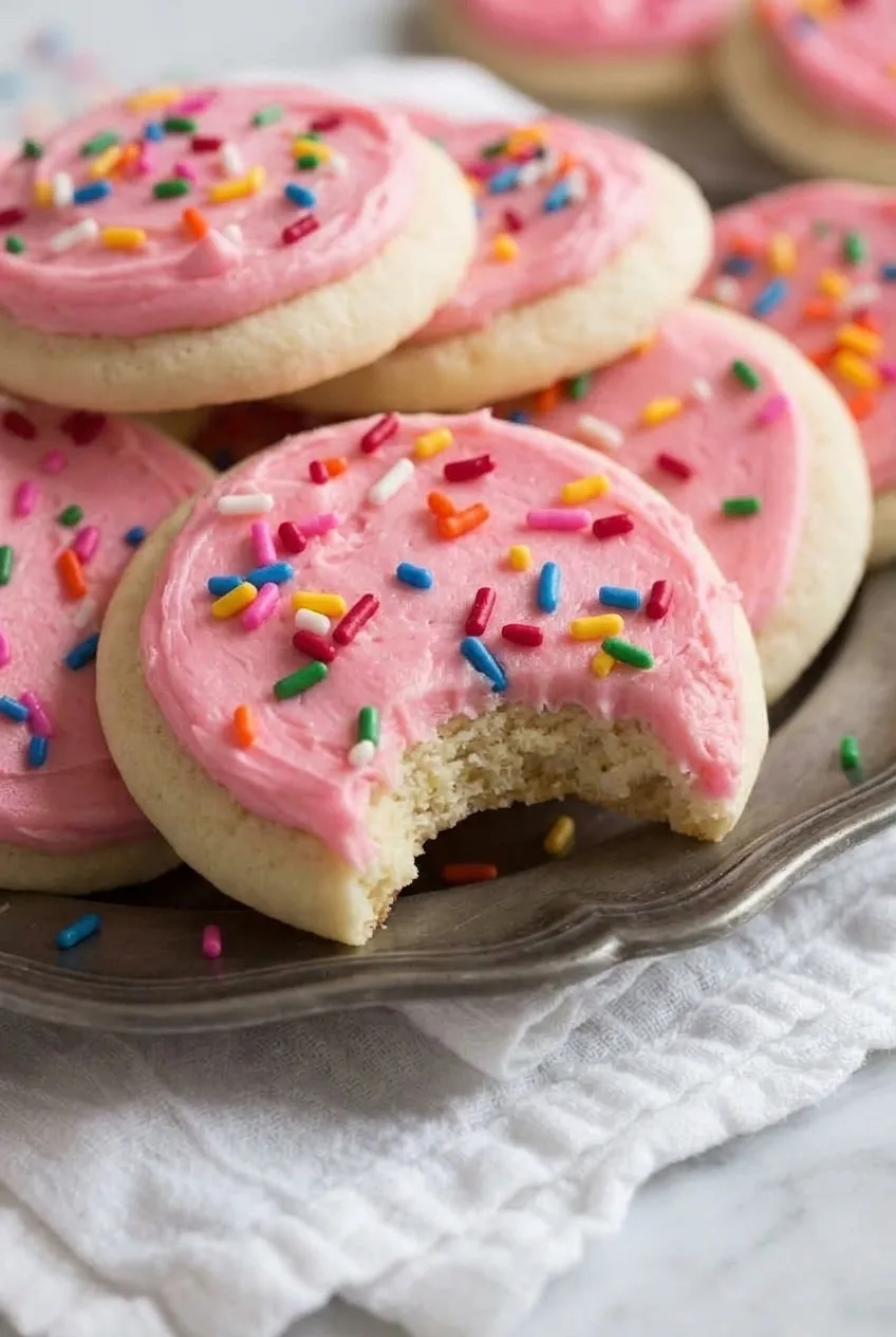 Close view of a bitten pink-frosted sugar cookie showing its tender interior and rainbow sprinkles