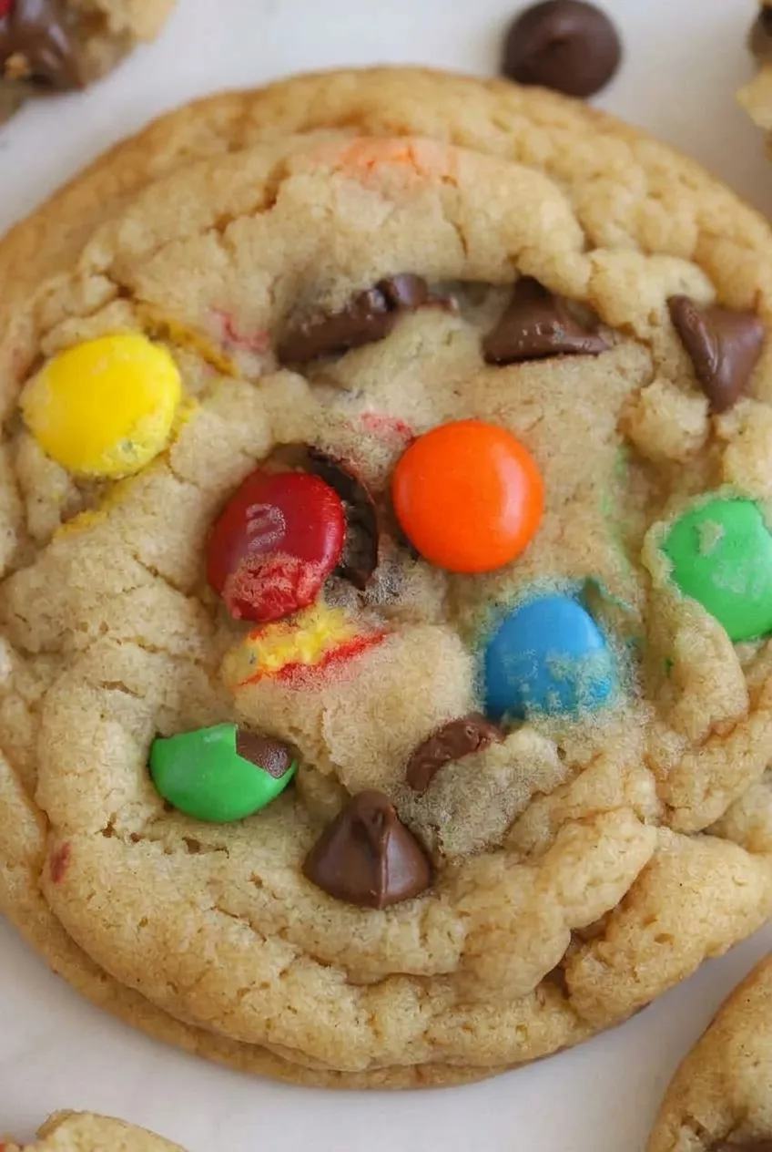 Close view of the soft, folded center of an M&M cookie with embedded candies and chocolate chips