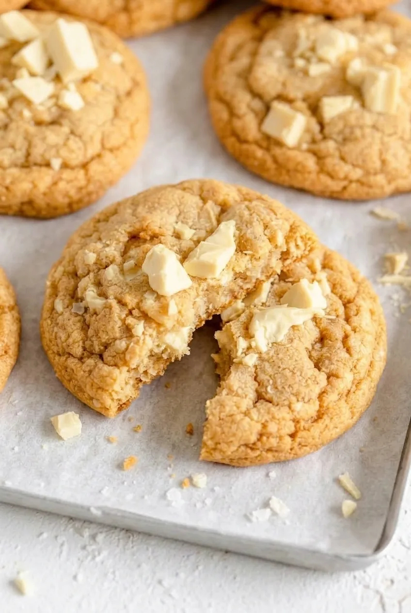 Broken white chocolate chip cookie showing a soft center and chopped white chocolate
