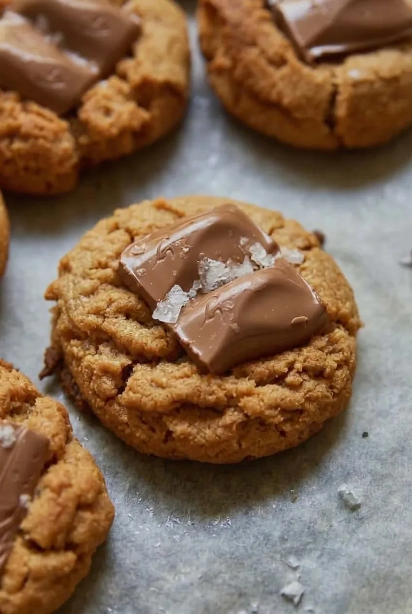 Close view of a cracked peanut butter cookie with glossy milk chocolate squares and flaky salt
