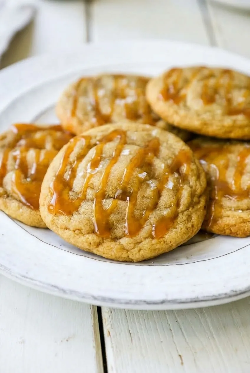 Close view of a golden cookie’s textured top, caramel streaks, and distinct salt flakes