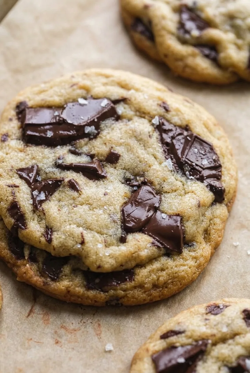 Close view of a chocolate chunk cookie’s soft-looking center, golden edge, and salted melted chocolate