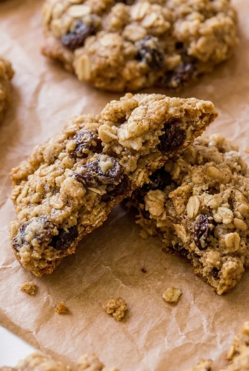 Broken oatmeal raisin cookie showing its soft center, rolled oats, and dark raisins