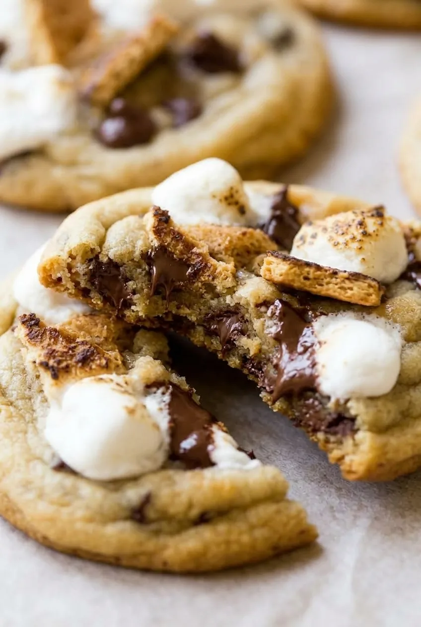 Close view of a soft s’mores cookie center with melted chocolate, puffy marshmallows, and graham pieces