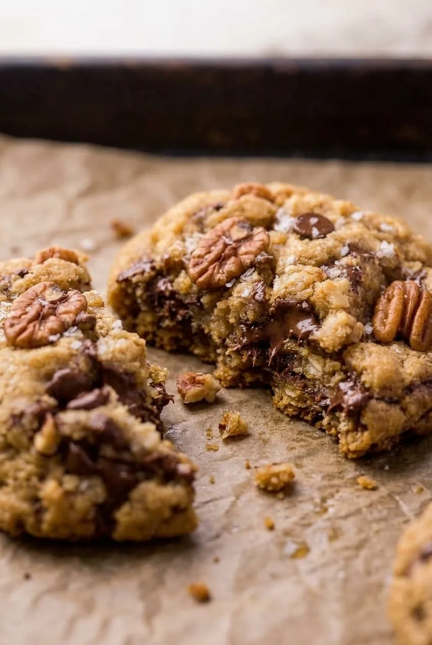 Broken-open cowboy cookie showing a soft oat interior and chocolate beneath its pecan-studded top