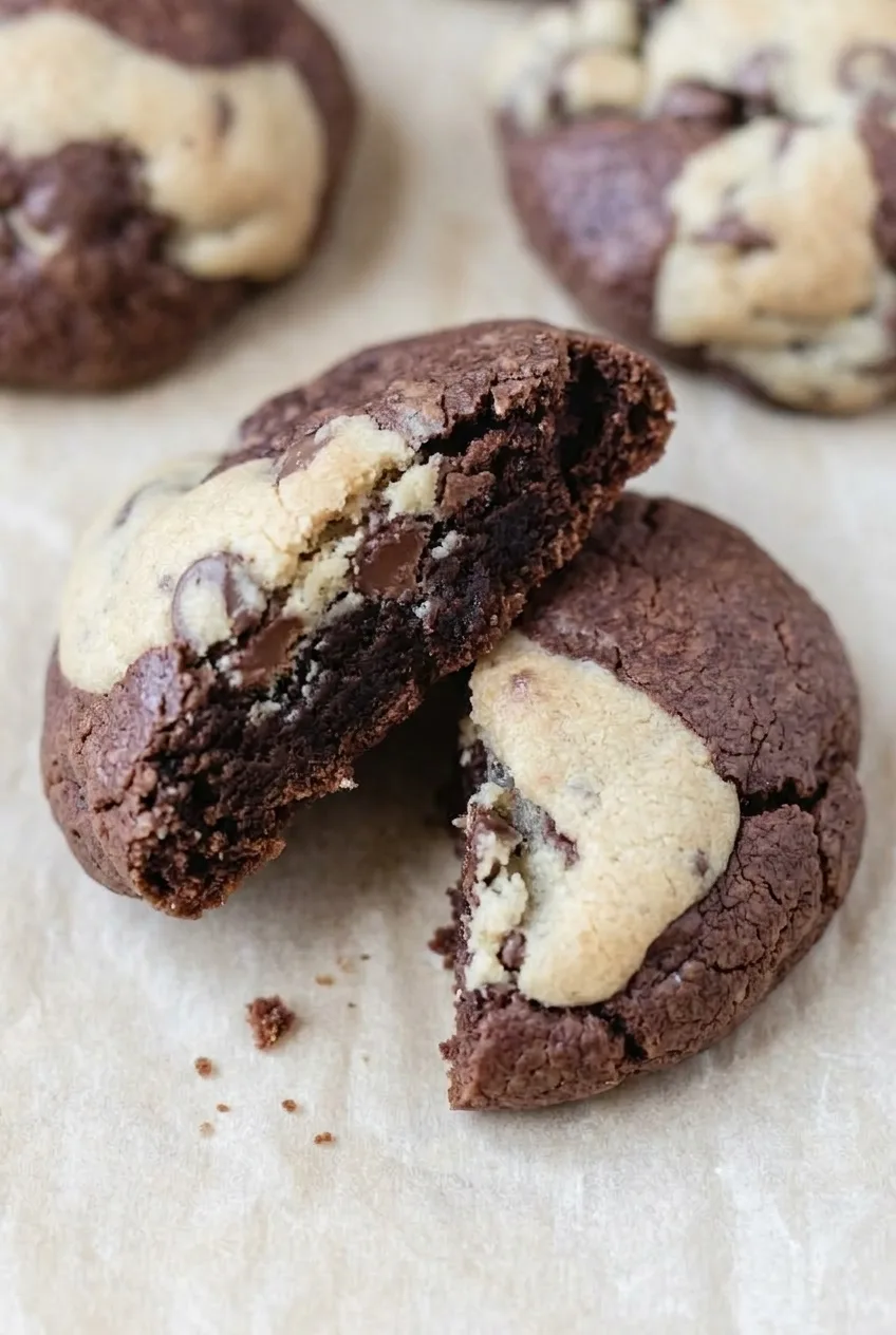 Broken brookie cookie showing soft brownie and chocolate chip cookie interiors beside their irregular seam