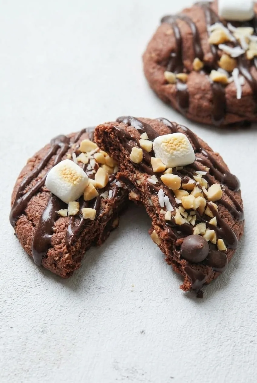 Broken Rocky Road Cookie showing its soft chocolate center beneath the drizzle and toppings
