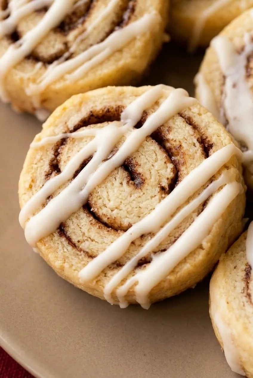 Close view of a cinnamon roll cookie showing its brown spiral and thin white icing