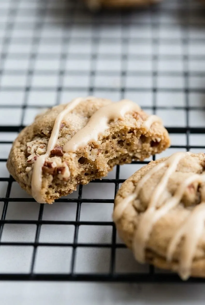 Broken-open maple brown sugar cookie showing its soft center, pecans, and thick icing ribbons