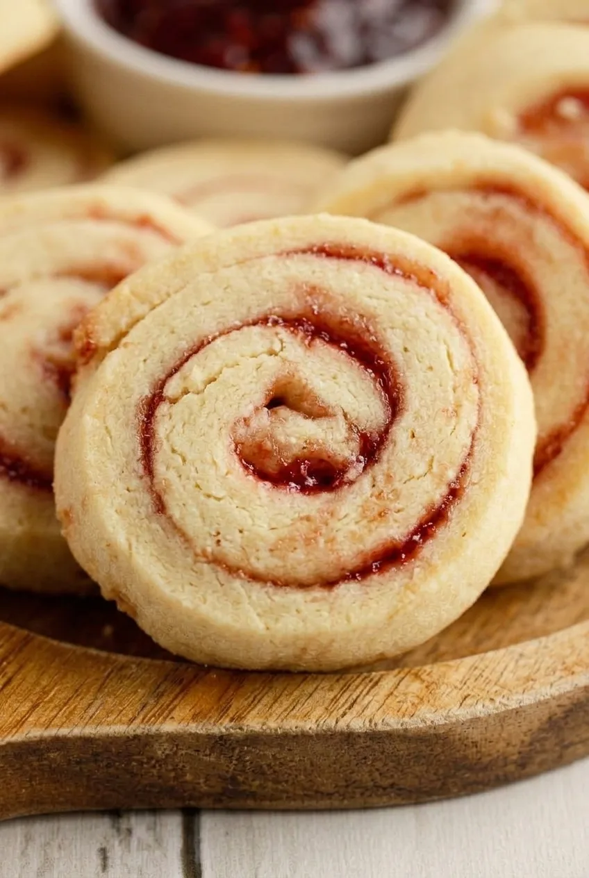 Close view of pale lemon raspberry cookies showing thin jam spirals and lightly golden edges