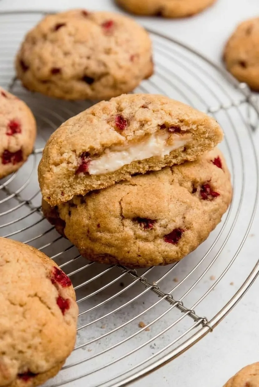 Close view of a broken strawberry cheesecake cookie showing red fruit pieces and an enclosed white filling