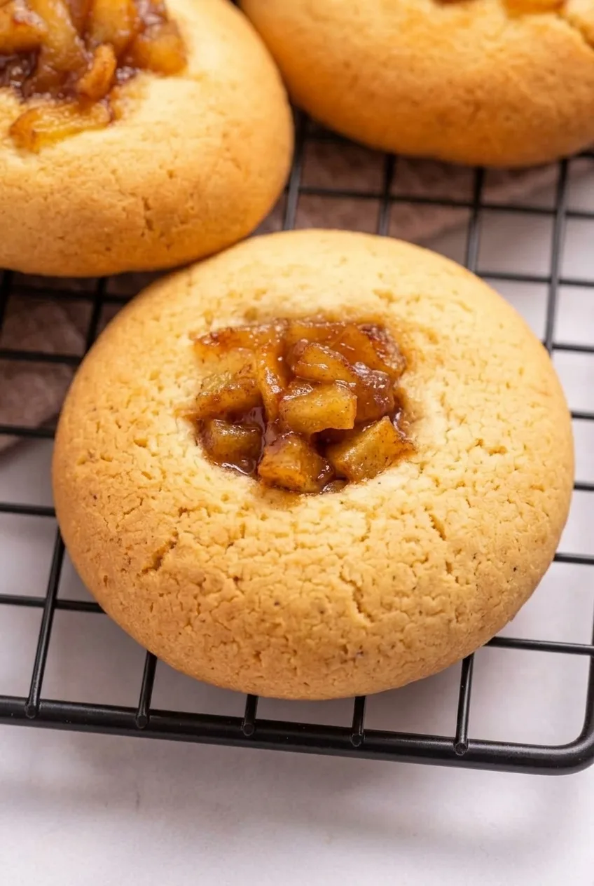Close view of glossy diced apples nestled inside the soft golden rim of an apple pie cookie