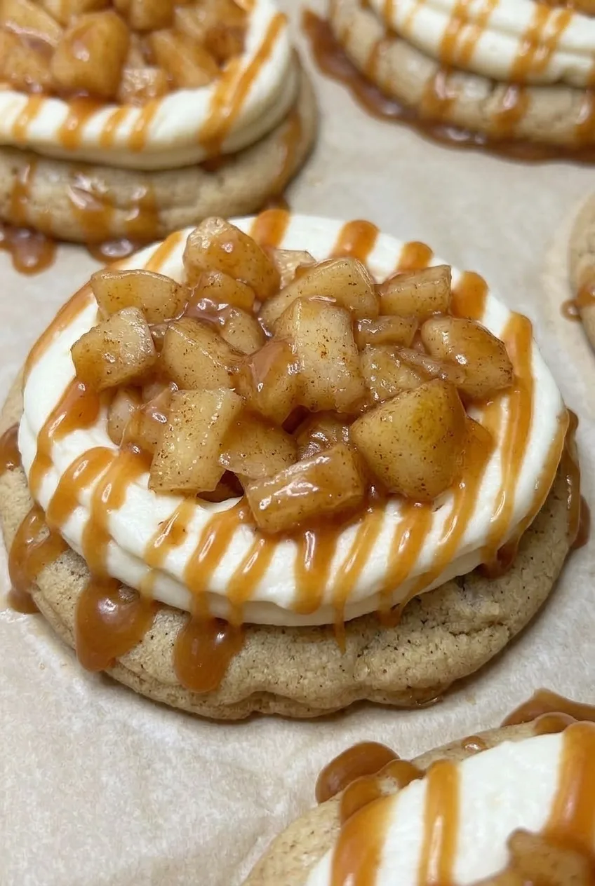 Close view of glossy diced apples and caramel lines over a thick white frosting swirl on a cookie