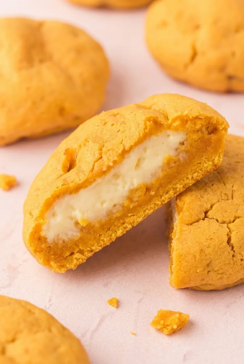 Close view of a broken pumpkin cookie showing creamy cheesecake filling surrounded by soft orange dough