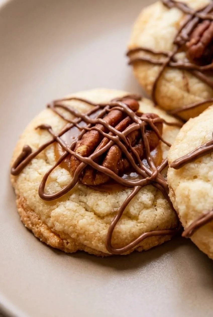 Close view of a turtle cookie's glossy caramel well, ridged pecan half, and thin chocolate drizzle.