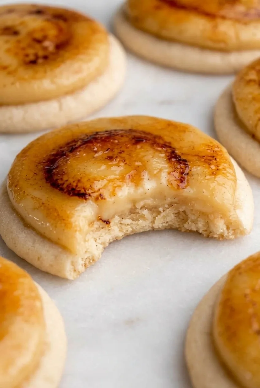 Close view of a bitten crème brûlée cookie showing crisp caramel, thick vanilla cream, and soft cookie crumb