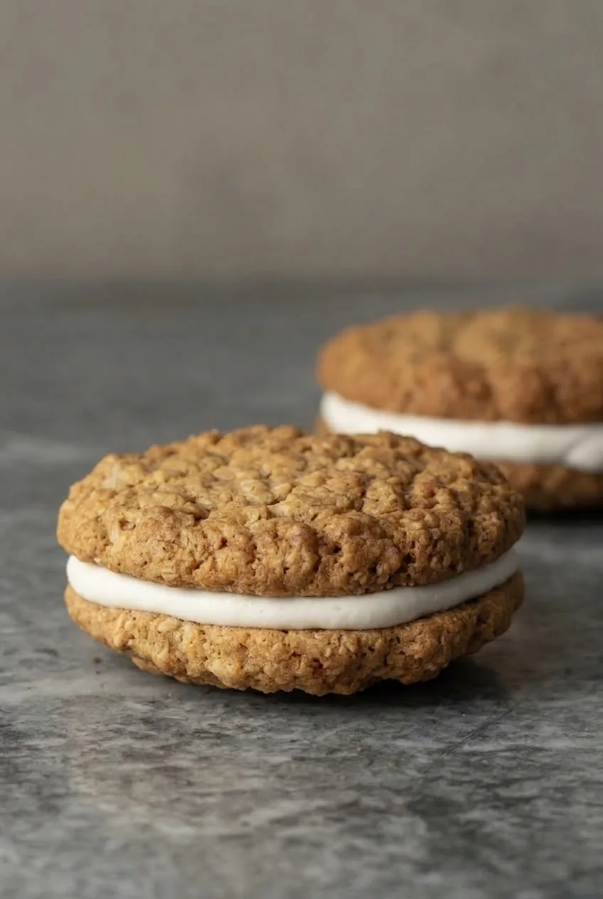 Close view of oat-textured cookie halves and the thick white filling between them