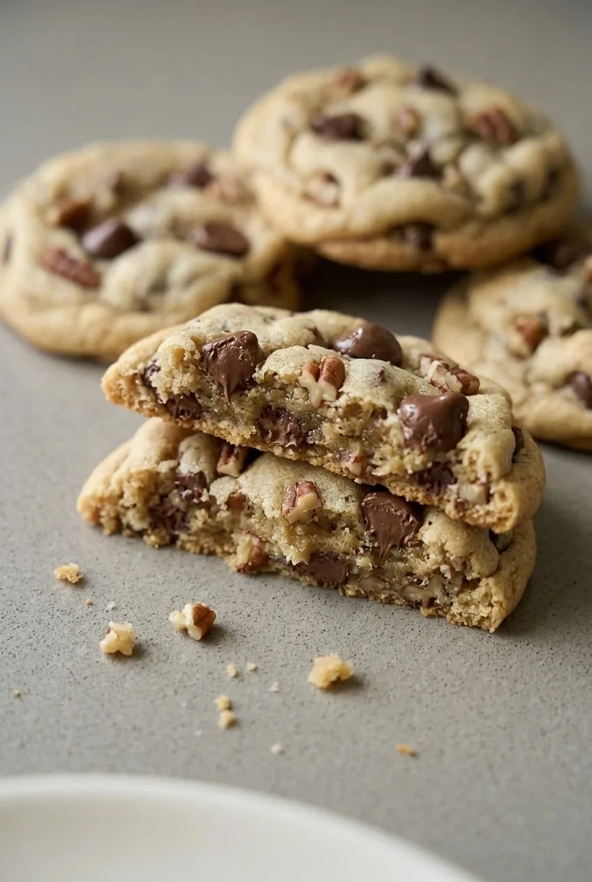 Broken pecan chocolate chip cookie showing its soft center, chocolate chips, and chopped pecans