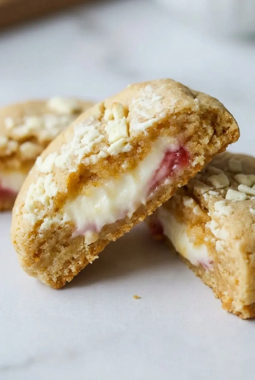 Close view of a cheesecake cookie cross-section with creamy filling, strawberry jam, and tender golden crumb