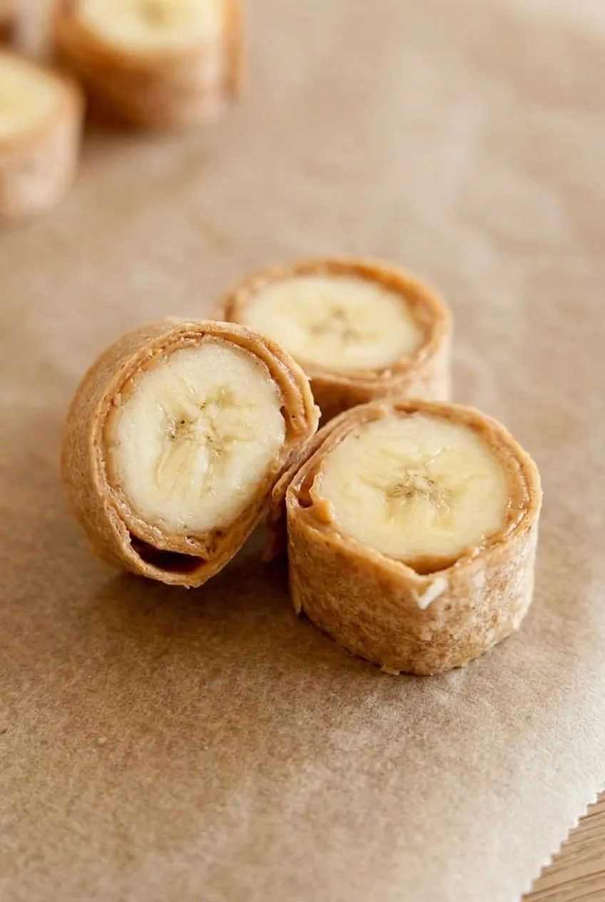 Close view of banana-centered pinwheels with a thin peanut butter layer and overlapping tan wrap edges.