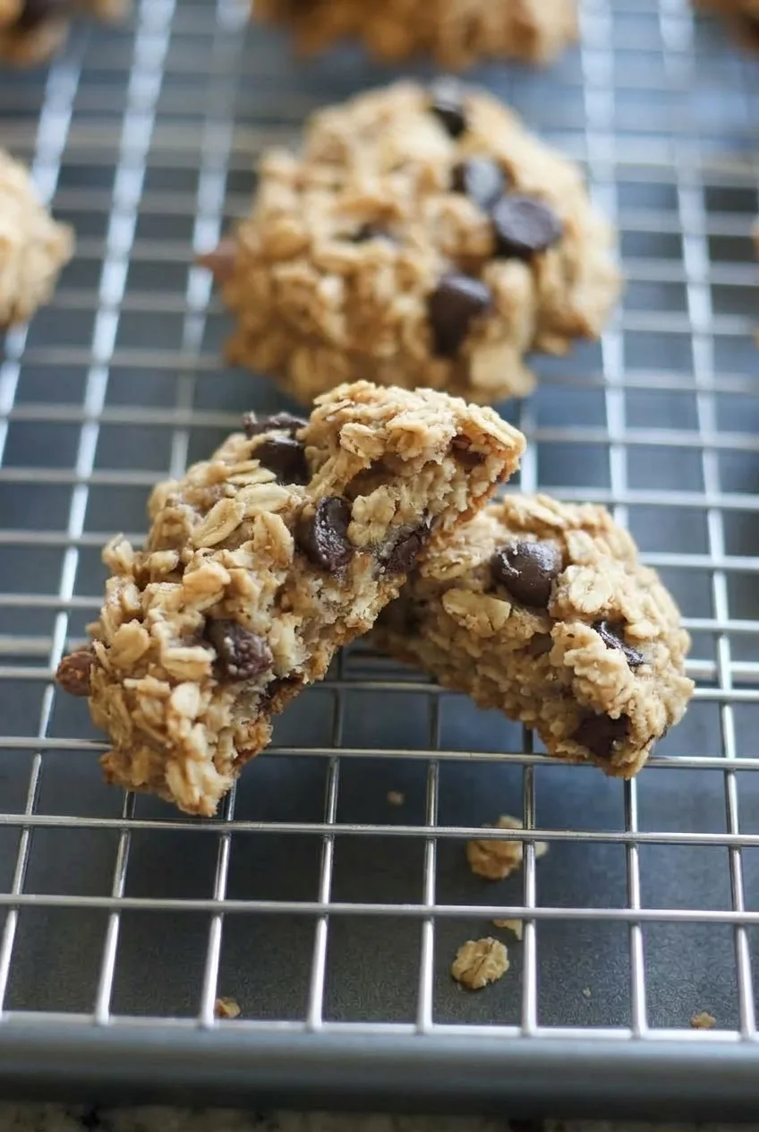 Broken banana oatmeal cookie showing its soft oat-filled interior and chocolate chips