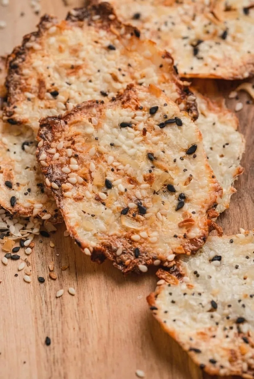 Close view of a thin cottage cheese chip with toasted edges and visible black and white seeds