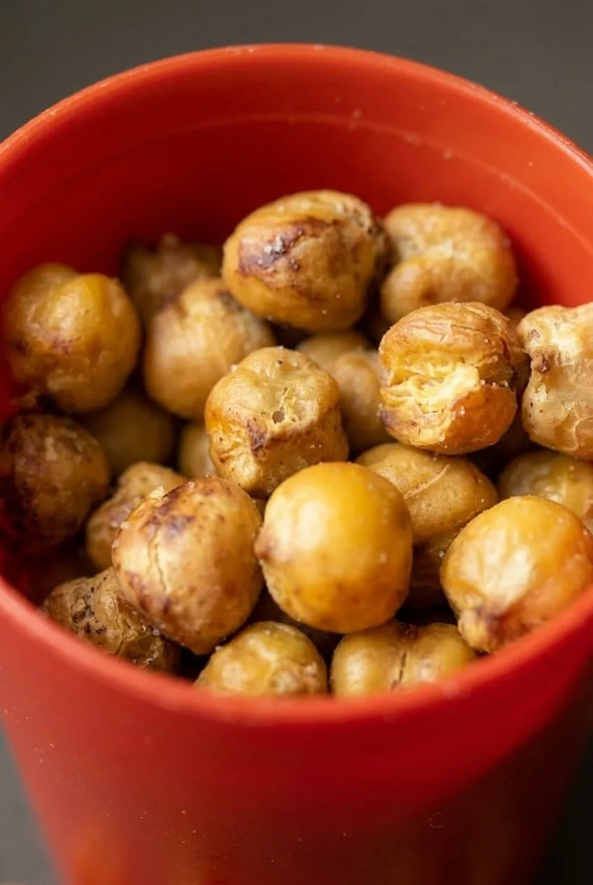 Close view of roasted chickpeas showing dry, wrinkled surfaces and a few split skins