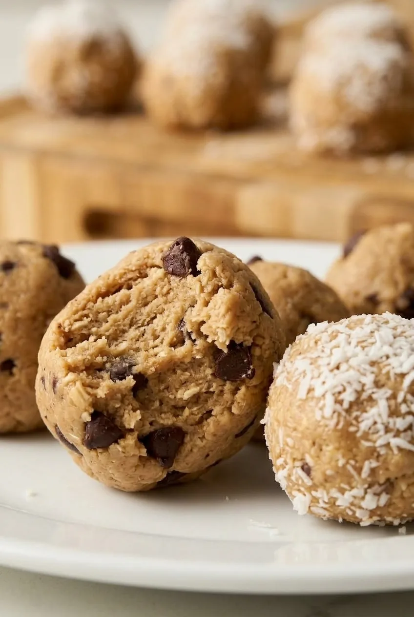 Close view of a broken-open chocolate-chip protein bite beside a finely coconut-coated bite