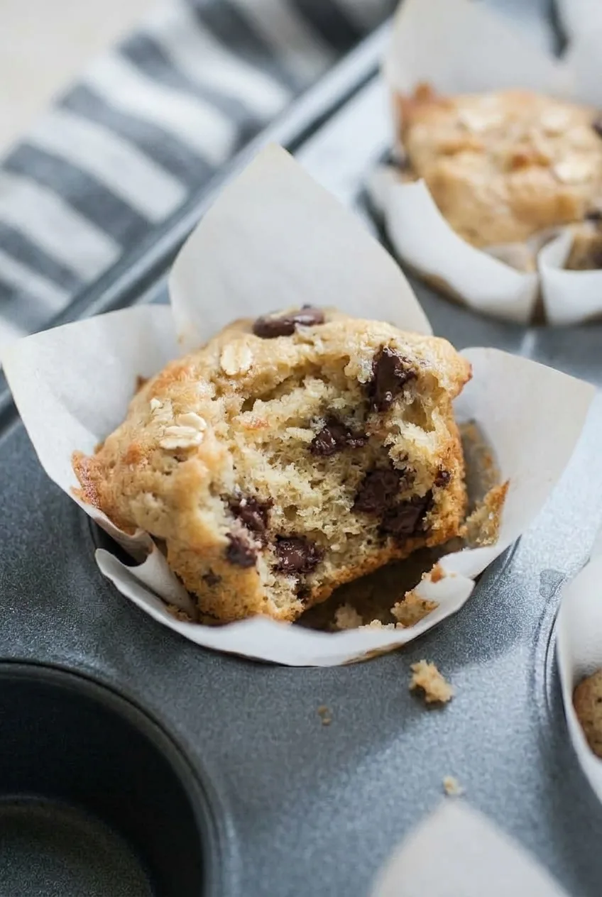 Broken-open chocolate chip muffin showing a tender golden crumb and chocolate chips inside its parchment liner