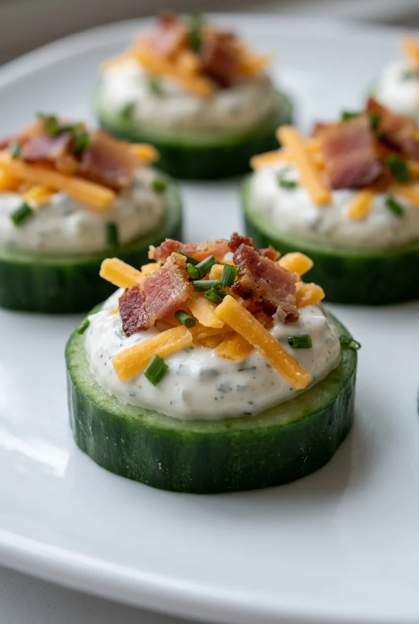 Close view of thick cucumber rounds topped with mounded ranch filling, cheddar, bacon and chives