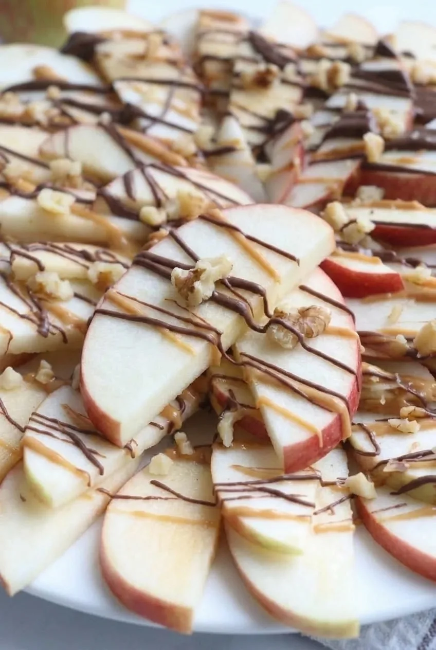 Close view of crisp apple wedges with separate peanut butter and chocolate lines and walnut pieces