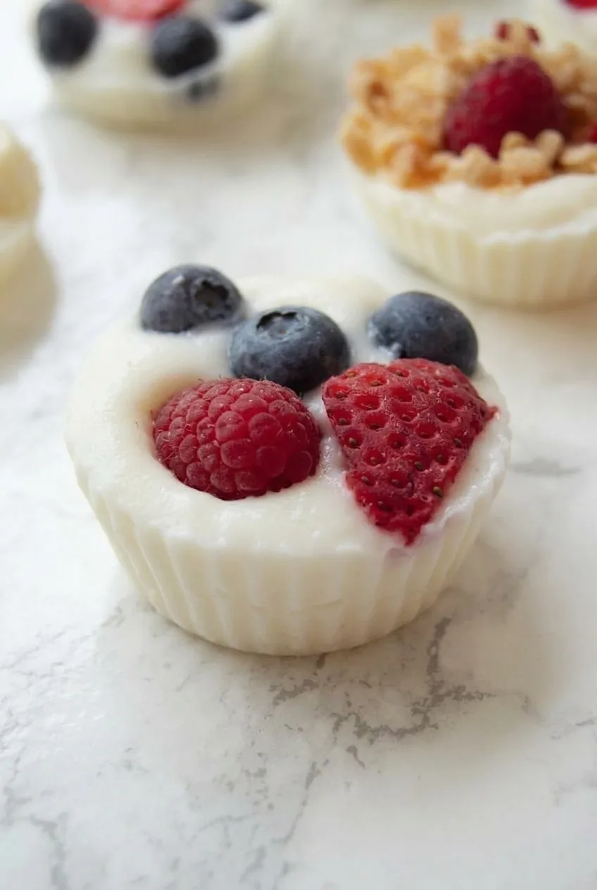Close view of berries pressed into the top of a thick frozen yogurt mini cup