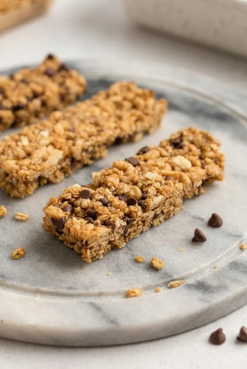 Close view of a granola bar’s cut edge, showing compact oats, crisp rice, peanuts, and chocolate chips