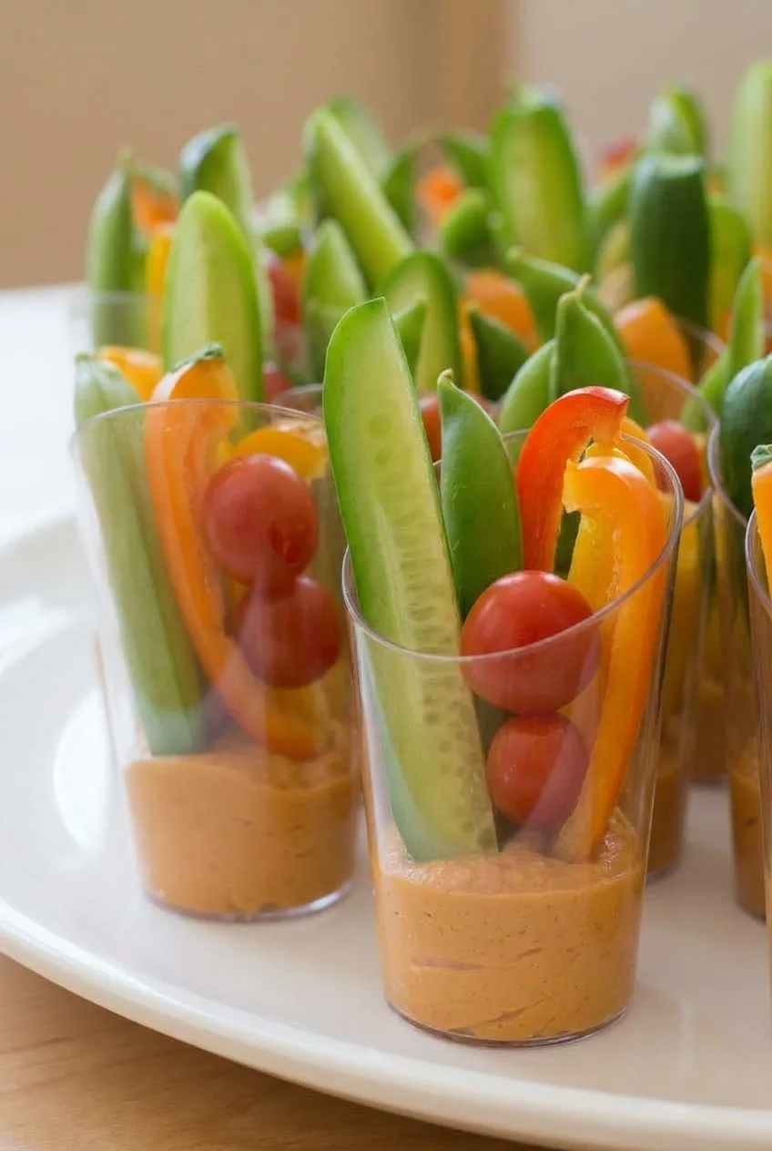 Close view of orange hummus beneath cucumber, snap peas, peppers, and tomatoes in clear snack cups