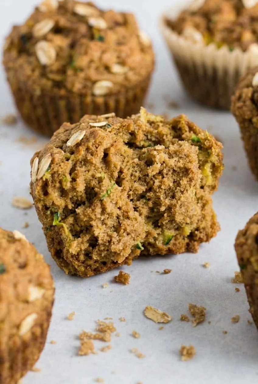 Close view of a broken-open zucchini muffin with a moist, fully baked crumb and visible green shreds