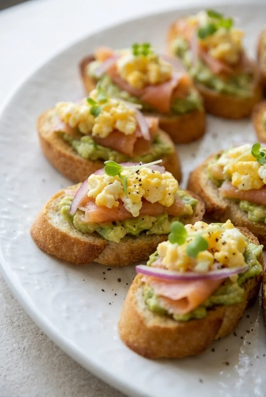Close view of crisp baguette, chunky avocado, scrambled egg, and smoked salmon on toast bites