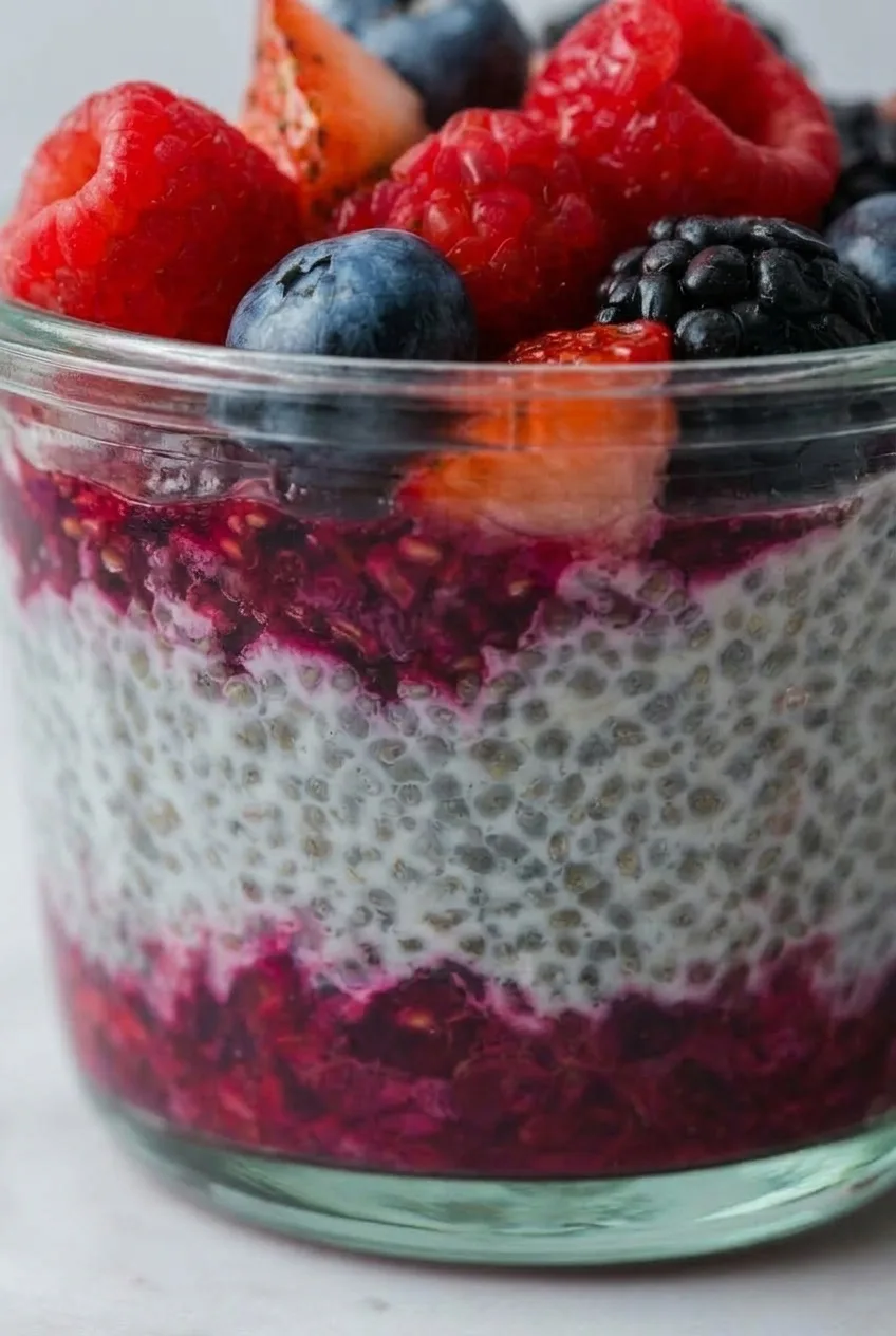 Close view of hydrated chia seeds above the crushed-berry layer in a clear cup
