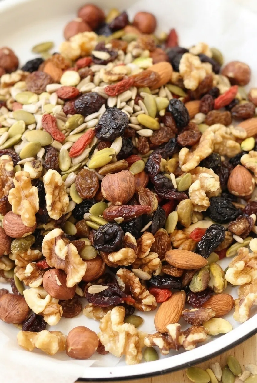 Close view of walnuts, whole nuts, green and pale seeds, raisins and dried cranberries in trail mix