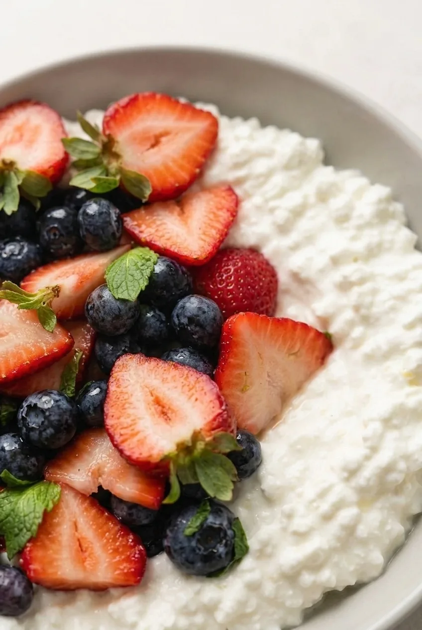 Close view of cottage cheese curds beside cut strawberries, whole blueberries, and mint
