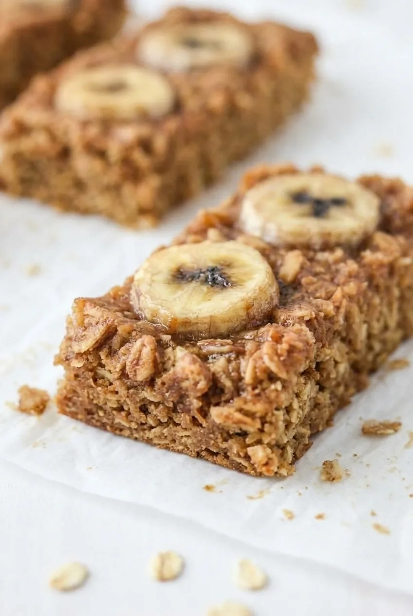 Close view of a banana peanut butter oat bar showing its moist oat-studded cut edge and banana topping