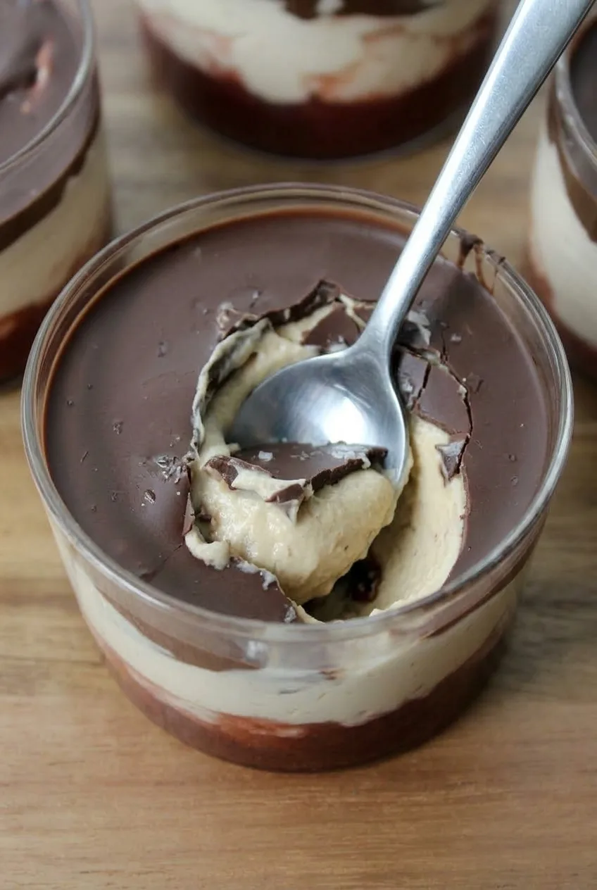 Spoon breaking a chocolate cap to reveal the creamy peanut butter yogurt center