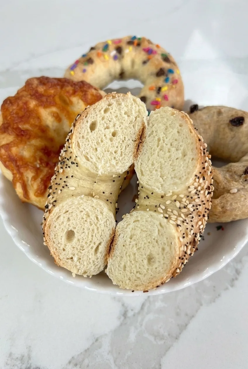 Cut mini everything bagel showing its tender interior, with cheddar, sprinkle, and raisin bagels behind it