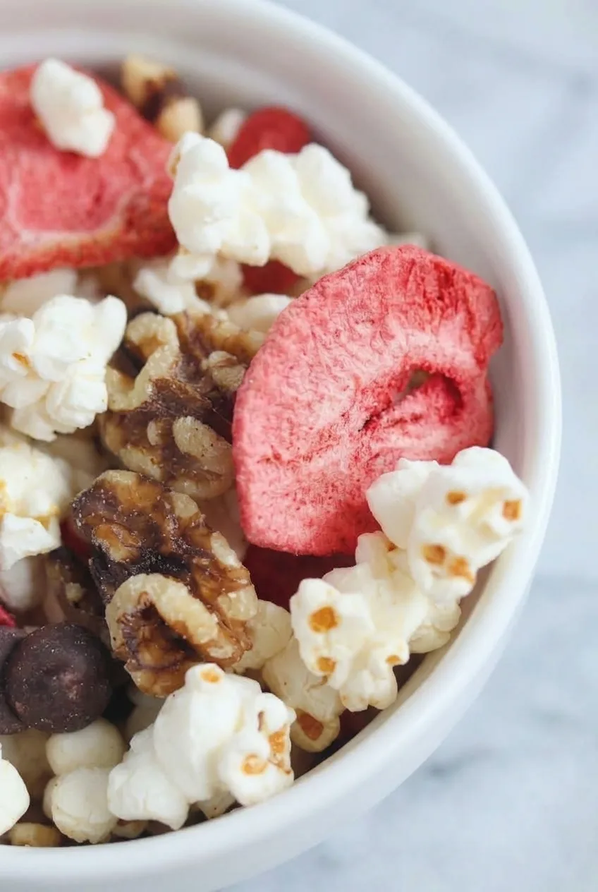 Close view of fluffy popcorn, porous strawberry slices, walnut pieces, and intact chocolate chips