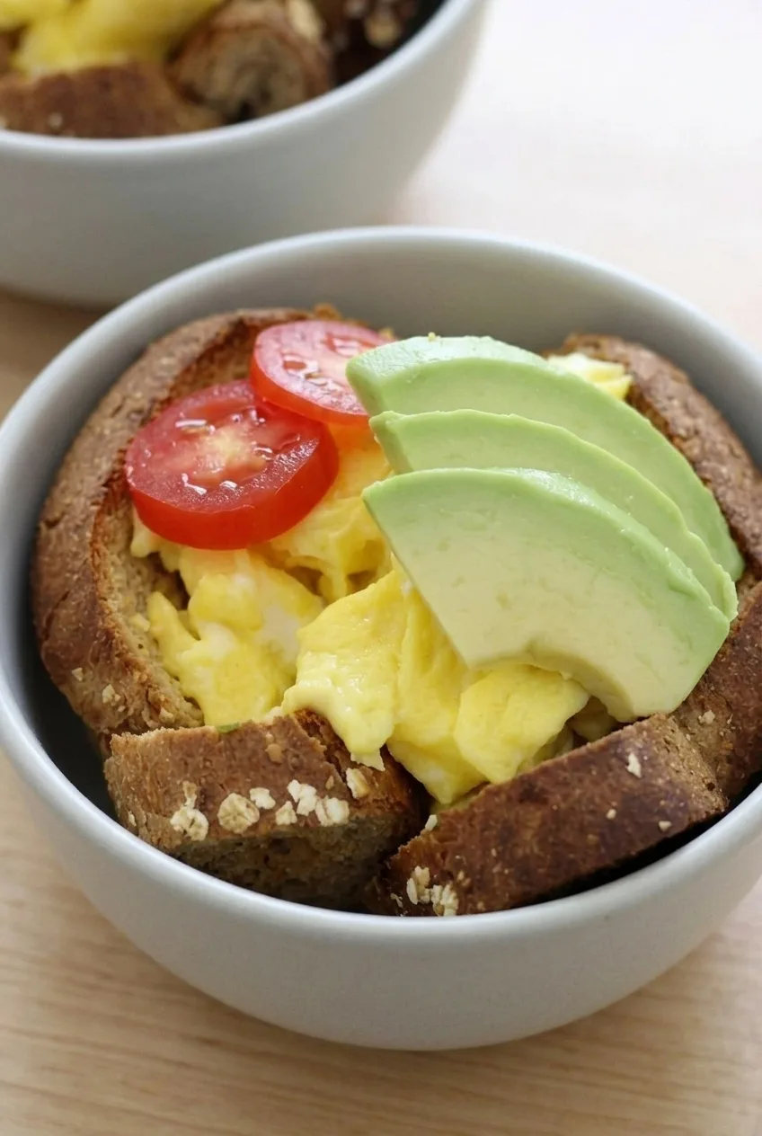Close view of crisp whole-wheat toast rim, soft scrambled eggs, avocado slices, and tomato
