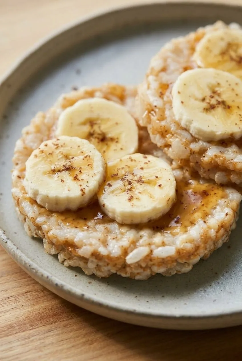 Close view of banana, glossy honey, peanut butter, and the puffed-rice edge of a rice cake