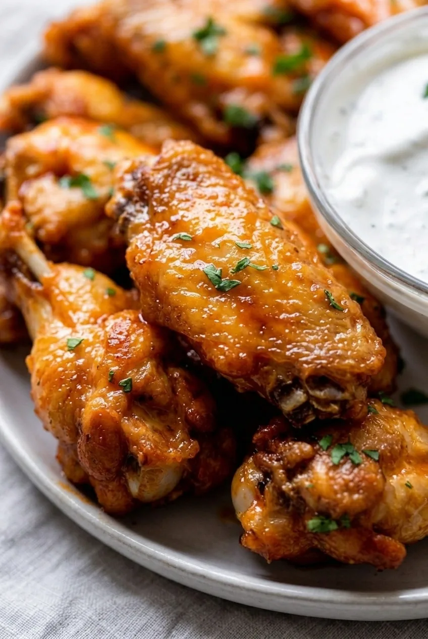 Close view of browned chicken wing skin beneath a thin, glossy Buffalo sauce coating