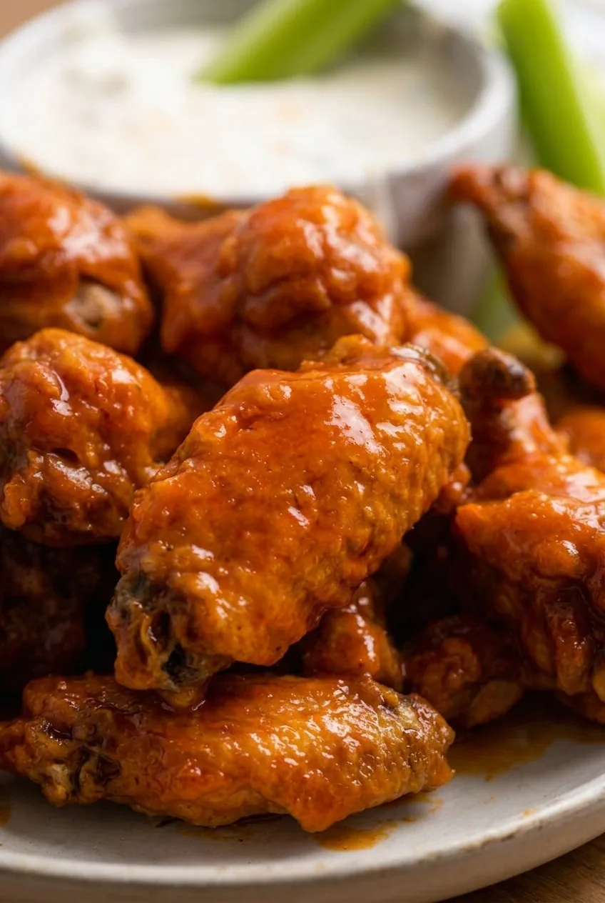 Close view of orange-red Buffalo sauce coating browned chicken wing skin