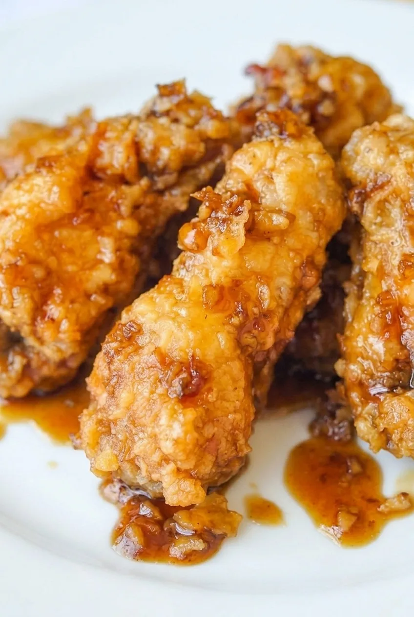 Close view of a glazed chicken wing showing crisp, uneven coating and small pieces of garlic.